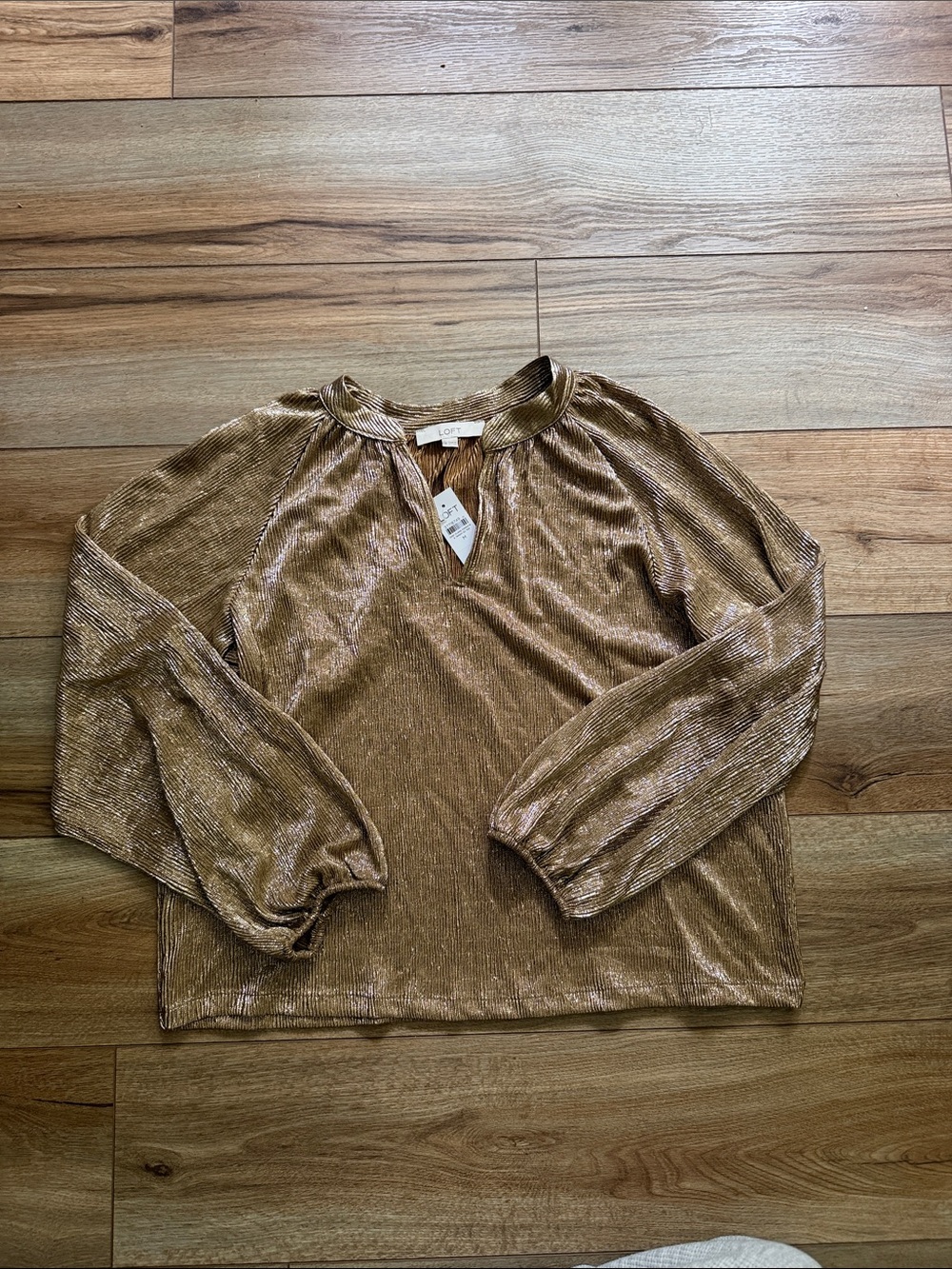 LOFT Metallic Gold Pleated Long-Sleeve Keyhole Blouse